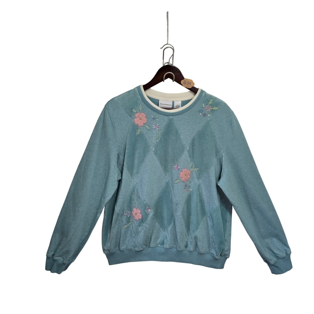 Alfred Dunner Blue Floral Embroidered Diamond Quilt Sweatshirt Large